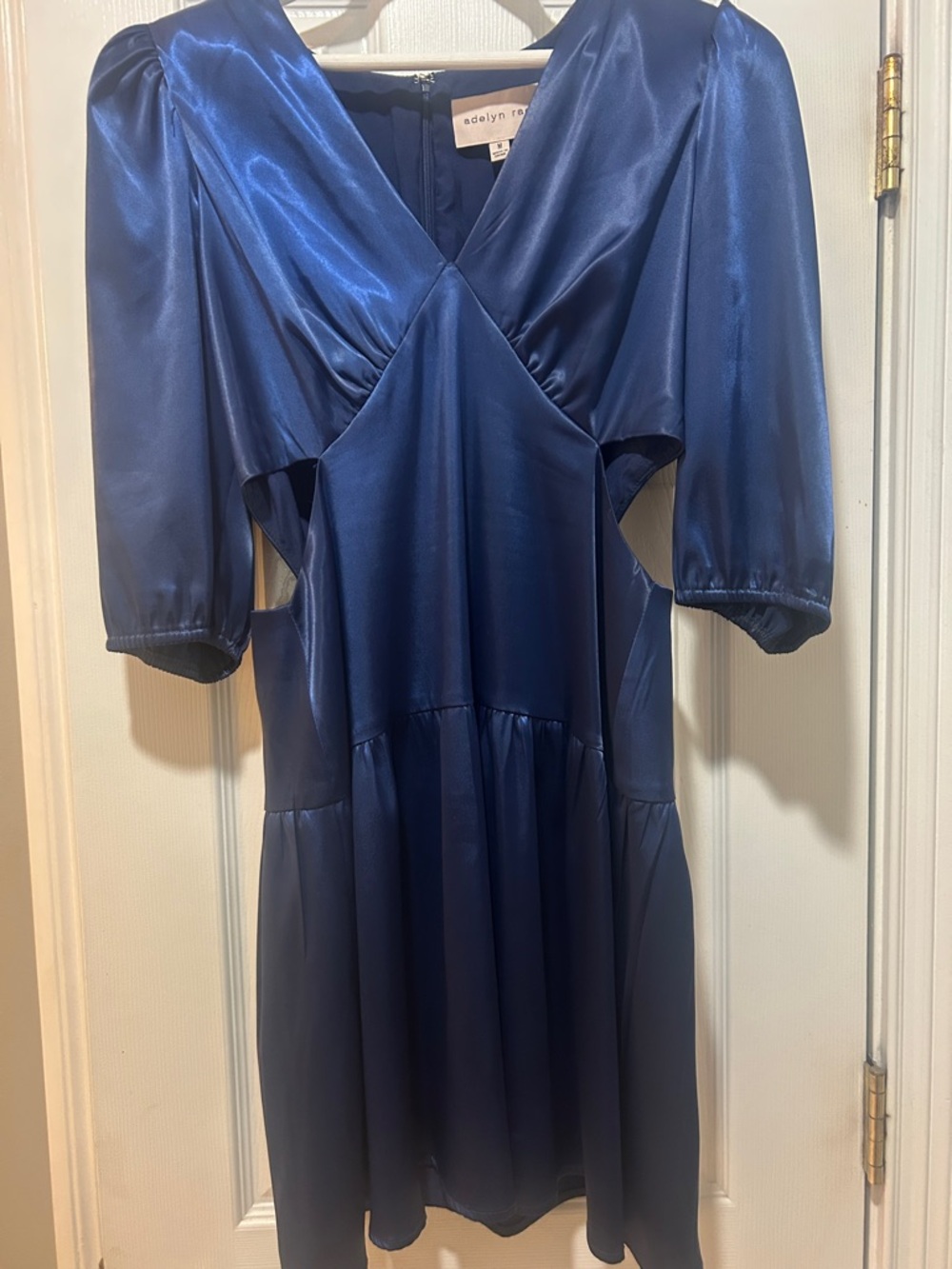 Adelyn Rae Shiny Navy Blue Satin V-Neck Mini Dress with Side Cutouts